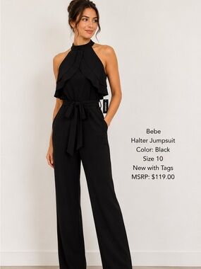 bebe Black Halter Ruffle Waist-Tie Jumpsuit